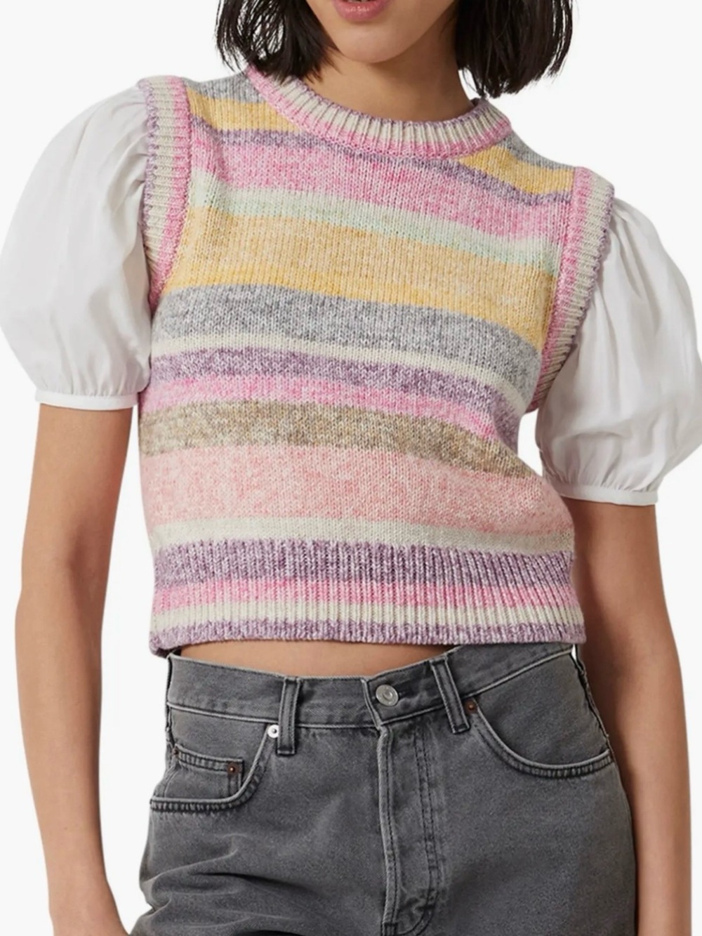 French Connection Kasper Stripe Knit Sweater Vest Pastel Crew Neck Cotton